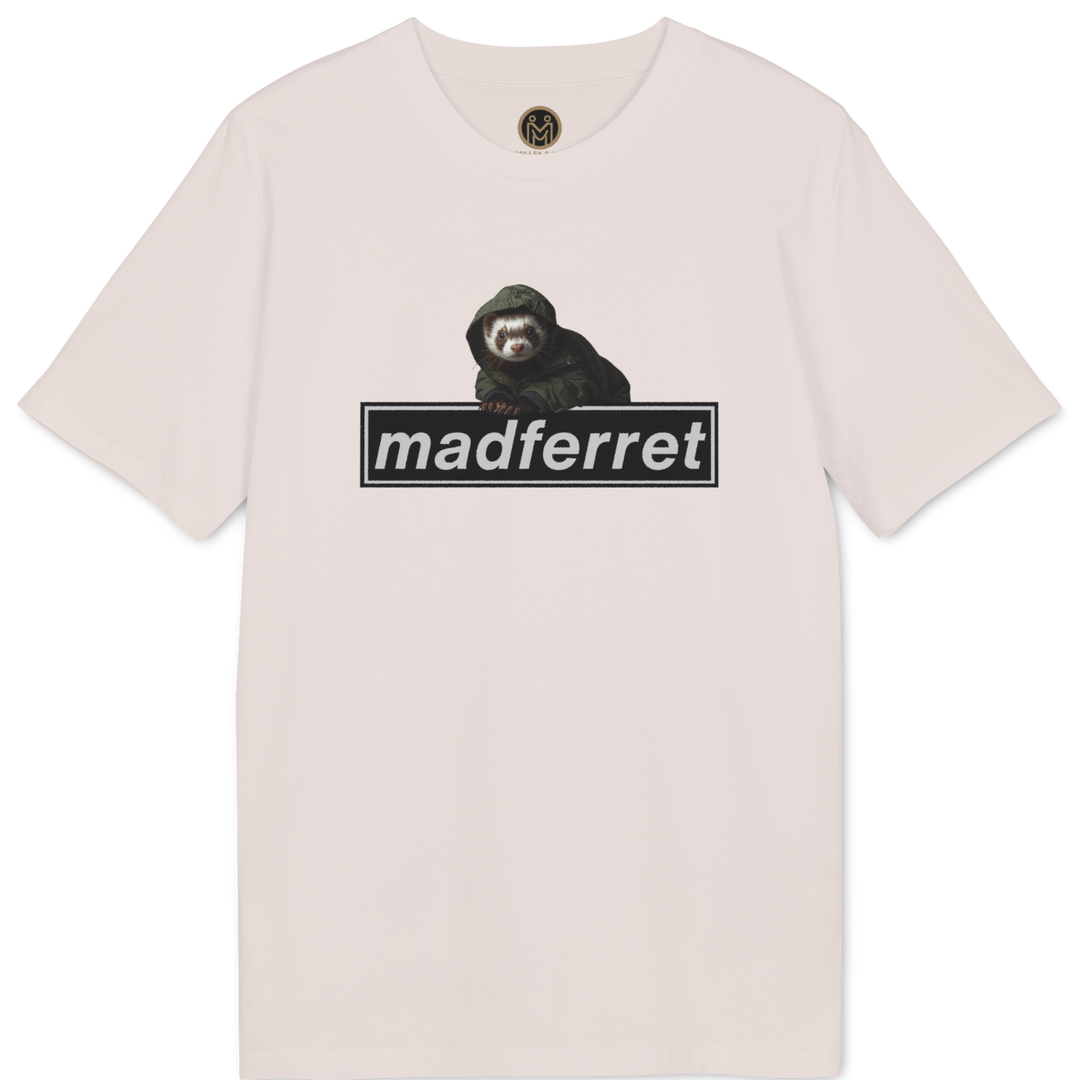 A light pink short-sleeve t-shirt with a graphic of a black monkey sitting above a black bar containing the text &