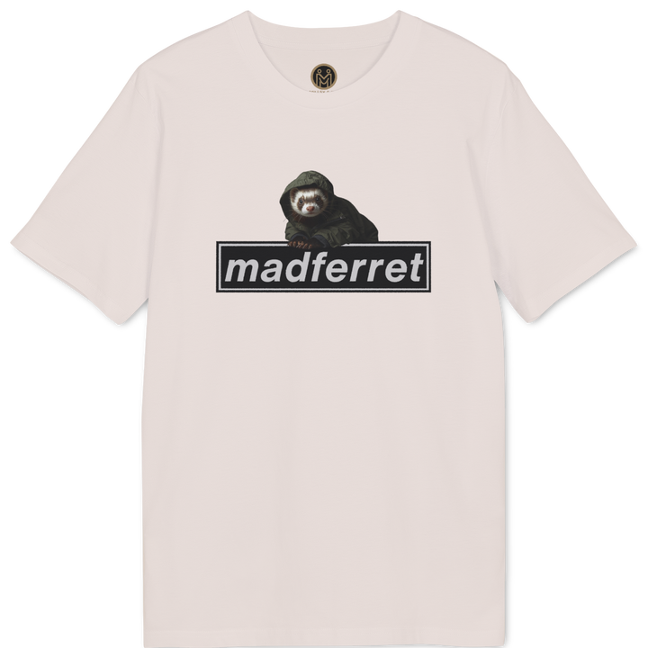 A light pink short-sleeve t-shirt with a graphic of a black monkey sitting above a black bar containing the text &