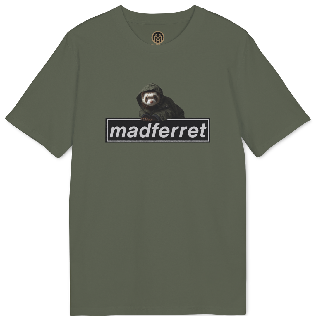 An olive green short-sleeve t-shirt with a graphic on the chest showing a black bear sitting above the word &