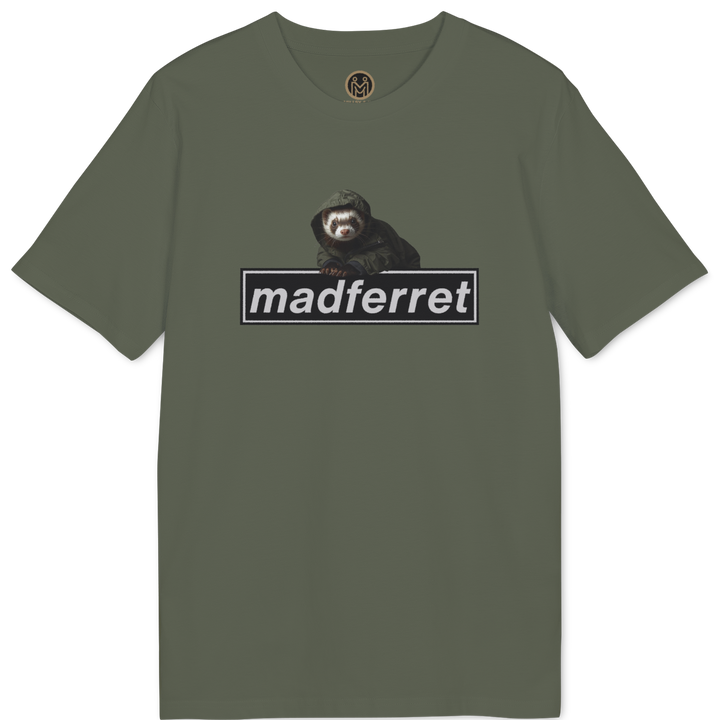 An olive green short-sleeve t-shirt with a graphic on the chest showing a black bear sitting above the word &