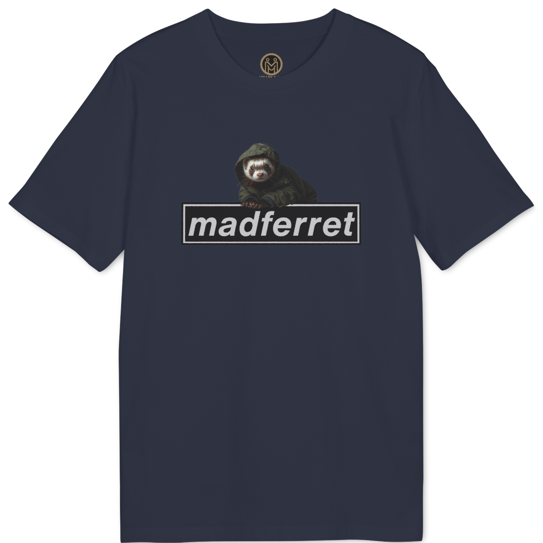 A navy blue short-sleeve t-shirt with a graphic on the chest showing a small dark animal above the word &