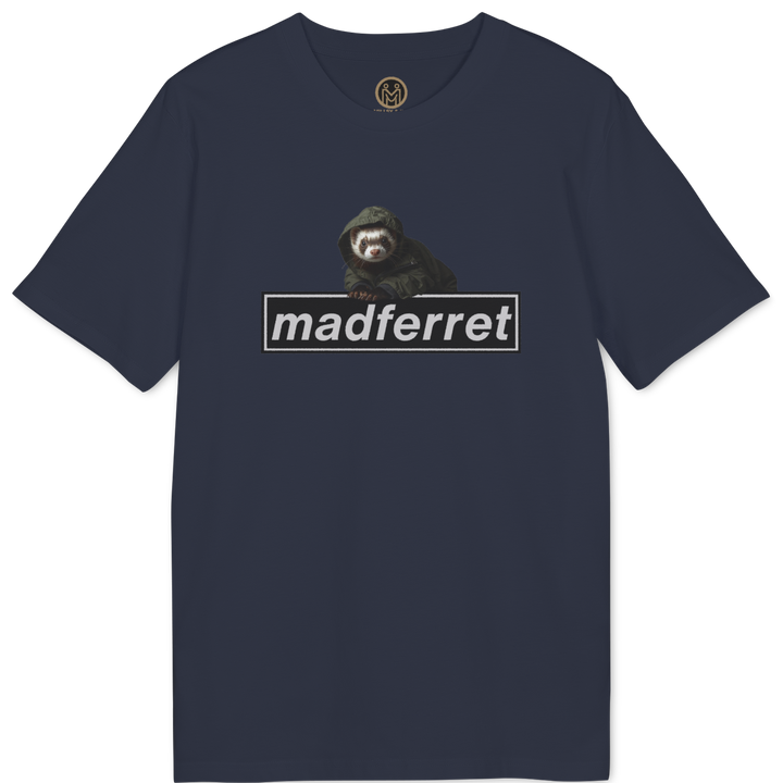 A navy blue short-sleeve t-shirt with a graphic on the chest showing a small dark animal above the word &