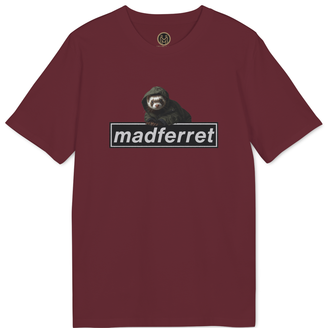 A maroon short-sleeve t-shirt with a graphic on the chest showing a monkey above the text &