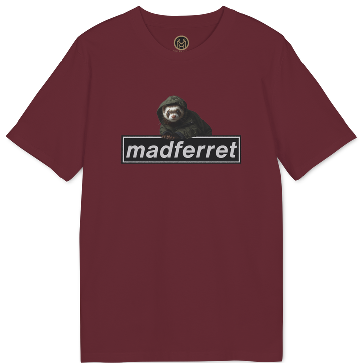 A maroon short-sleeve t-shirt with a graphic on the chest showing a monkey above the text &