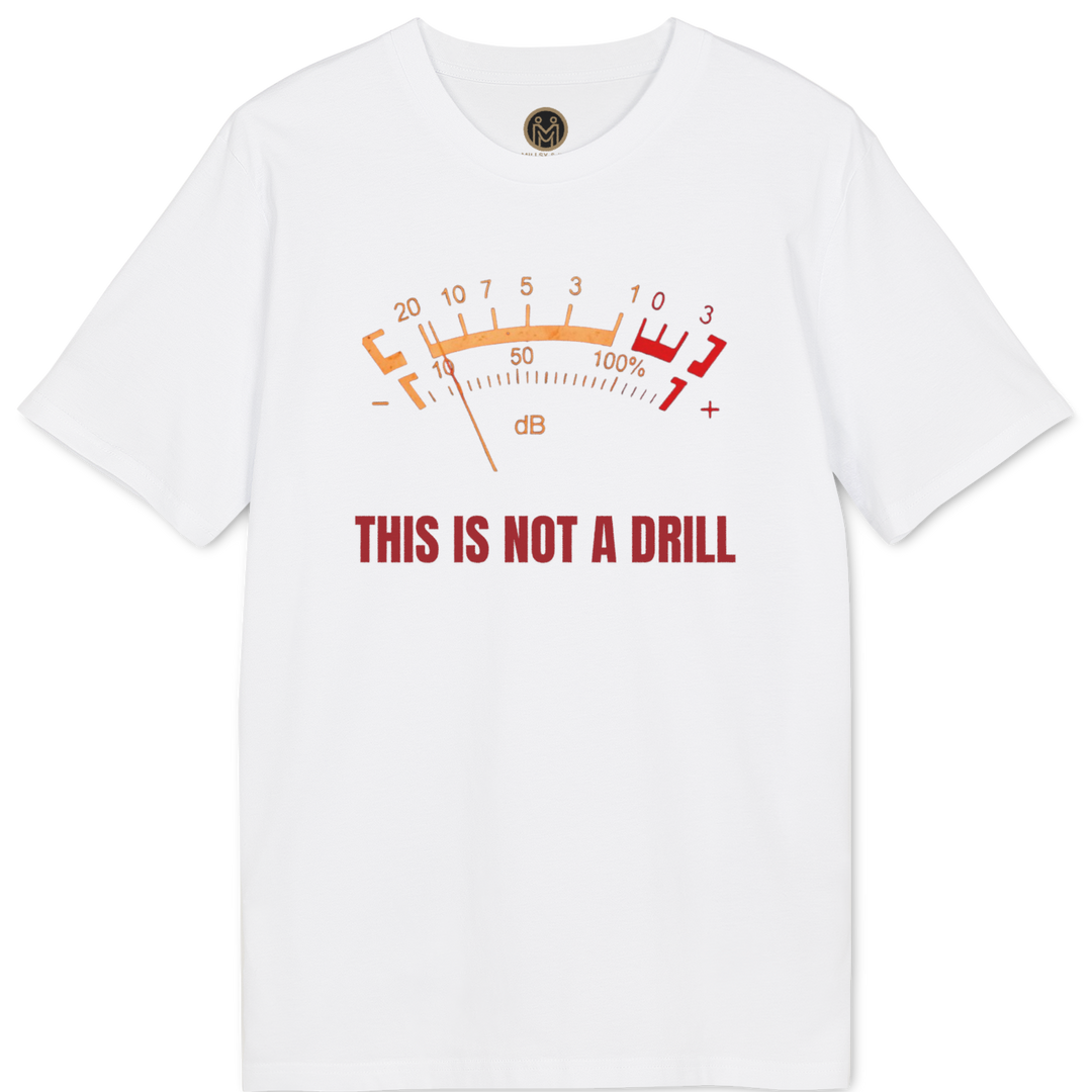 A white short-sleeve t-shirt with a graphic print of an analog needle gauge in orange and red, with the text &