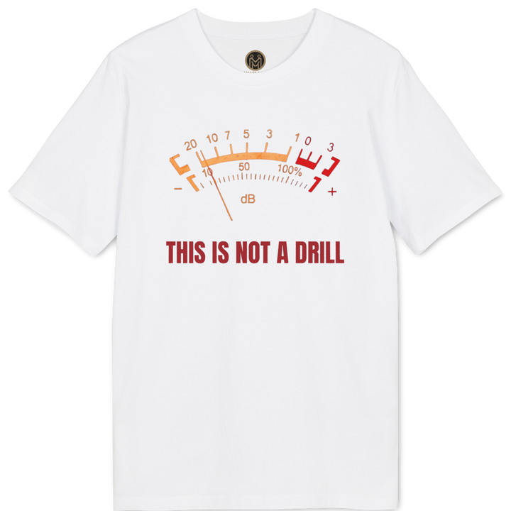 A white short-sleeve t-shirt with a graphic print of an analog needle gauge in orange and red, with the text &