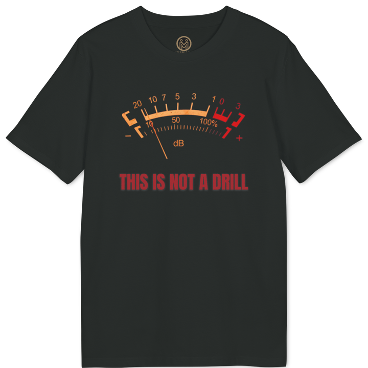 A black short-sleeve t-shirt with a graphic of a soundwave meter needle pointing to high decibel levels and the text &