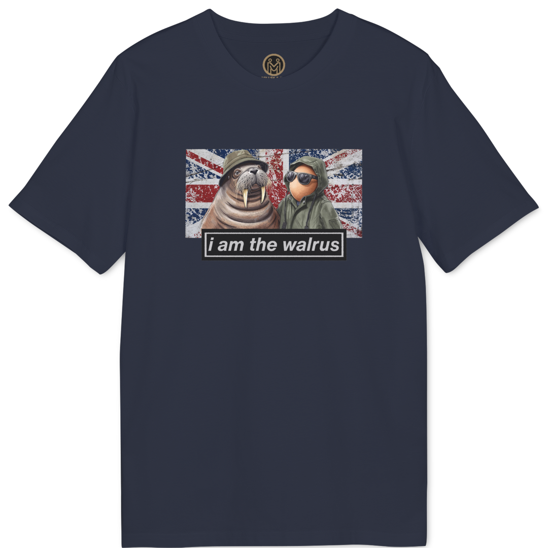 A navy blue short-sleeve t-shirt with a graphic print on the chest showing two seals against a Union Jack background with the text &