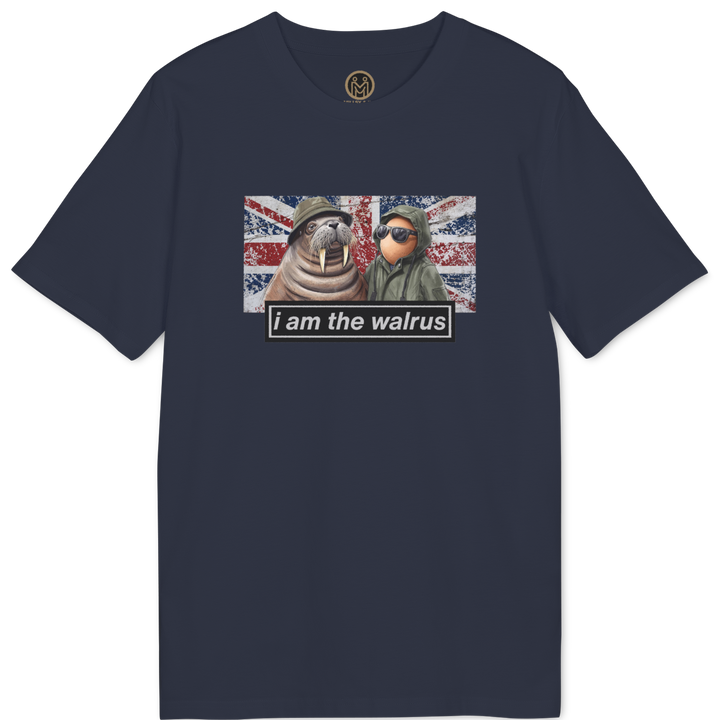 A navy blue short-sleeve t-shirt with a graphic print on the chest showing two seals against a Union Jack background with the text &