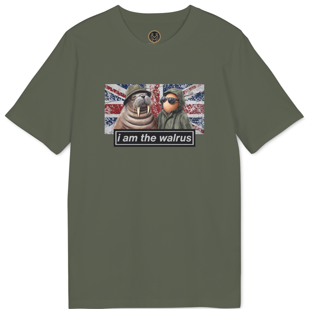 An olive green short-sleeve t-shirt with a central graphic of two seals wearing helmets against a Union Jack background, with the text 'I am the walrus' printed below.