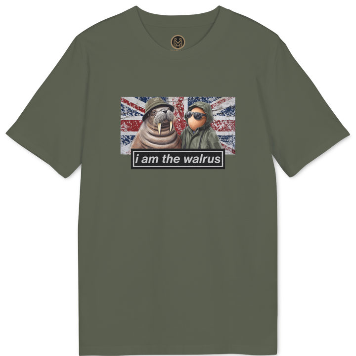 An olive green short-sleeve t-shirt with a central graphic of two seals wearing helmets against a Union Jack background, with the text &