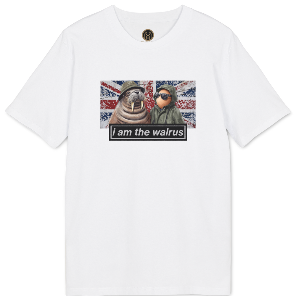 A white short-sleeve crewneck t-shirt featuring a graphic print of two seals wearing Union Jack helmets with the text 'I am the walrus' below them, displayed on a clean white background.