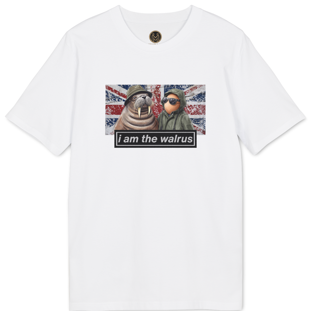A white short-sleeve crewneck t-shirt featuring a graphic print of two seals wearing Union Jack helmets with the text &