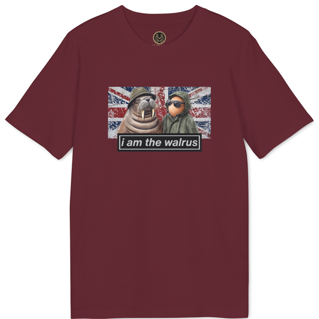A maroon short-sleeve crewneck t-shirt featuring a graphic print of a walrus and a dog wearing a Union Jack flag, with the text &