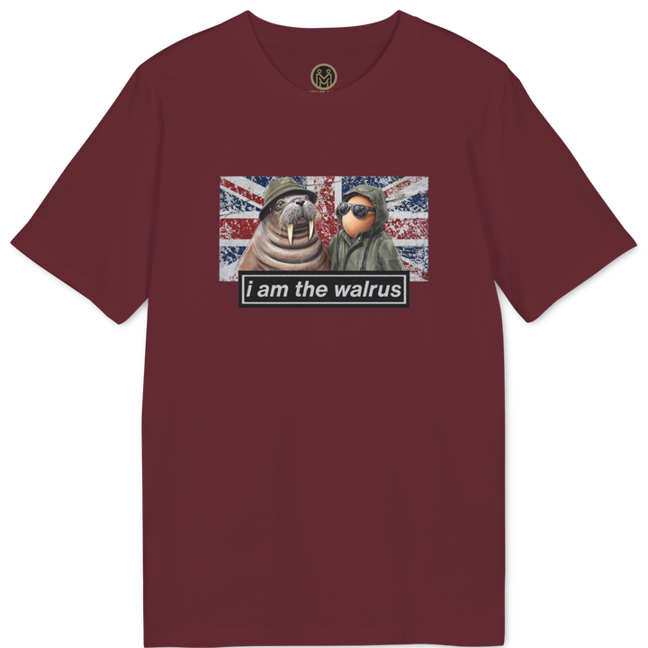 A maroon short-sleeve crewneck t-shirt featuring a graphic print of a walrus and a dog wearing a Union Jack flag, with the text &