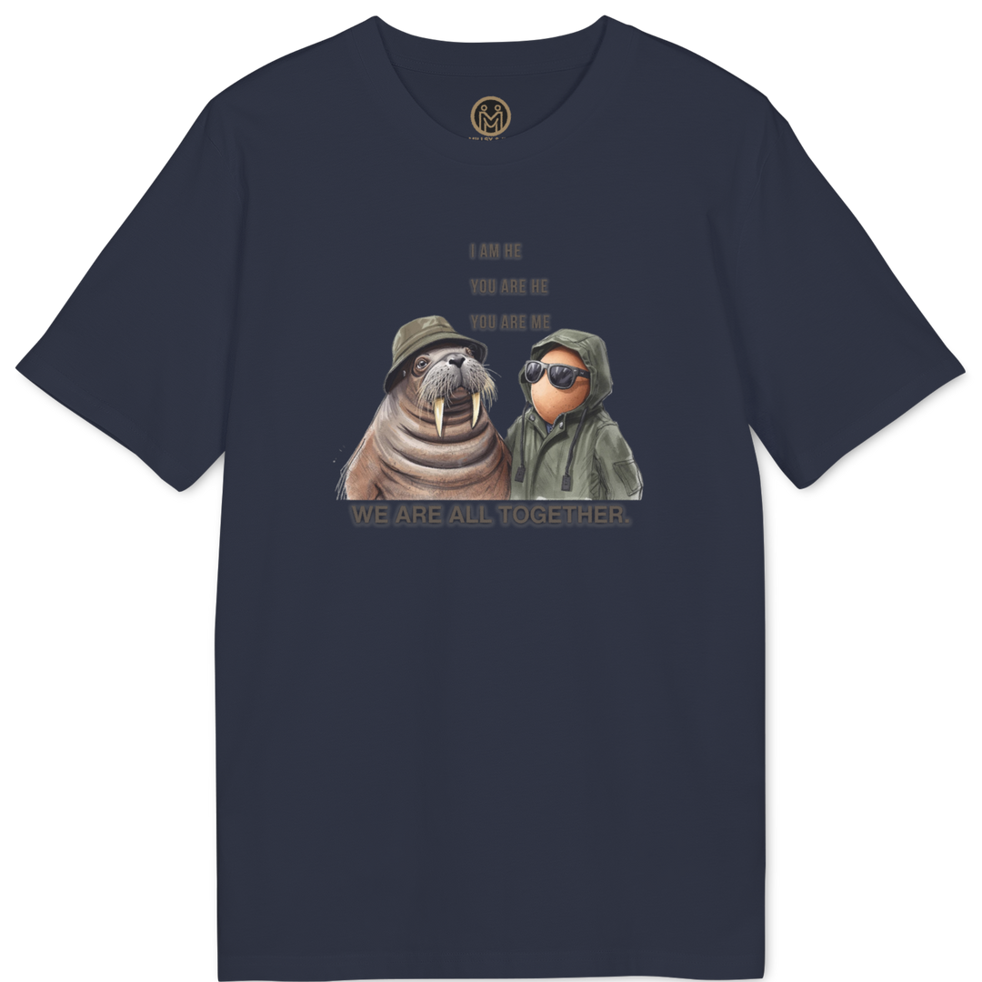 A navy blue short-sleeve t-shirt with a graphic print of a walrus and a sloth wearing winter gear, with the text &