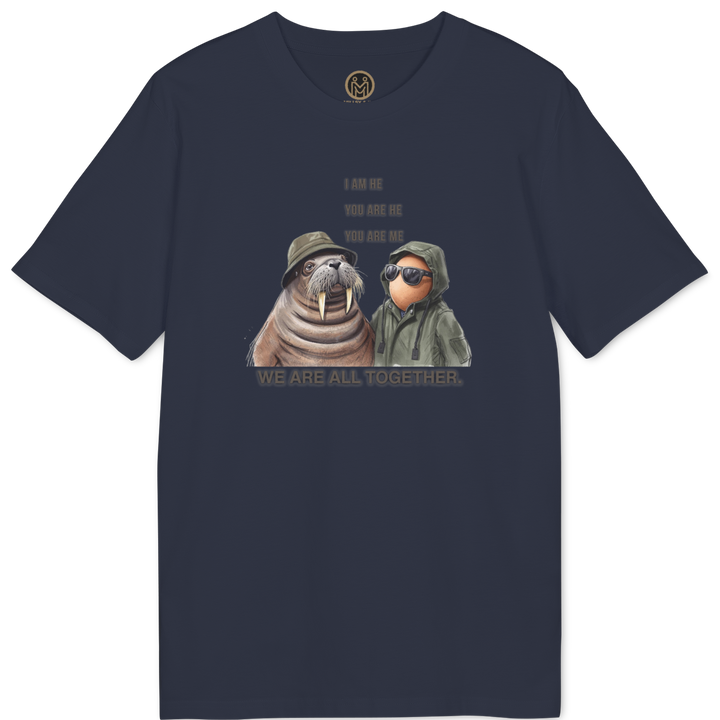 A navy blue short-sleeve t-shirt with a graphic print of a walrus and a sloth wearing winter gear, with the text &