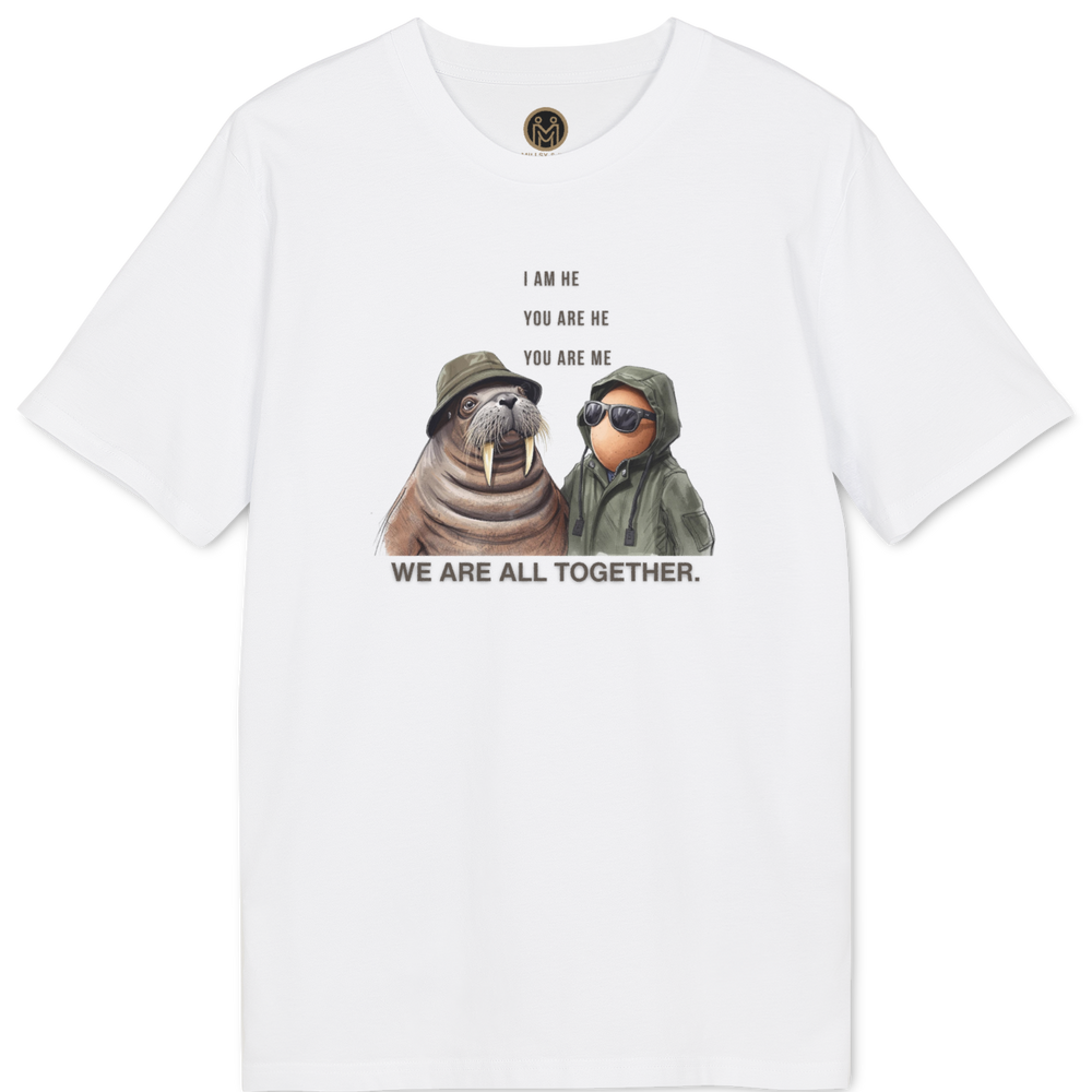 A white short-sleeve crewneck t-shirt featuring a printed graphic of two sloths wearing hats, with the text 'I AM ME YOU ARE ME WE ARE ALL TOGETHER.' printed below.