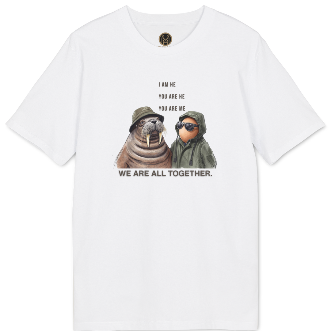 A white short-sleeve crewneck t-shirt featuring a printed graphic of two sloths wearing hats, with the text &