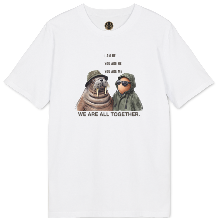 A white short-sleeve crewneck t-shirt featuring a printed graphic of two sloths wearing hats, with the text &