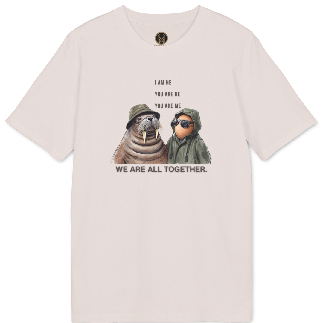 A light pink short-sleeve t-shirt with a graphic of two sloths wearing helmets and the text 'I AM ME YOU ARE ME WE ARE ALL TOGETHER.' printed on the front.