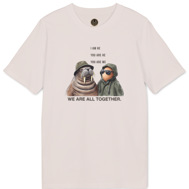 A light pink short-sleeve t-shirt with a graphic of two sloths wearing helmets and the text &