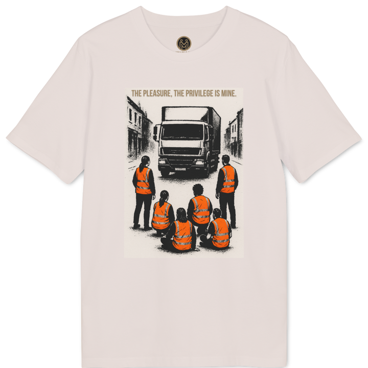 A light beige crewneck t-shirt featuring a graphic print of a delivery truck and workers in high-visibility orange vests on the front, with a small circular logo printed inside the collar.
