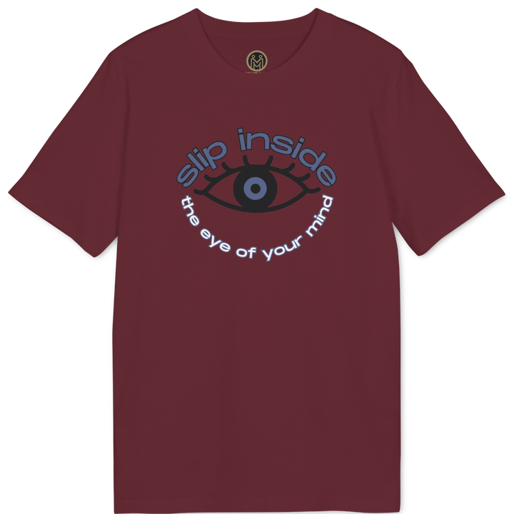 A maroon short-sleeve t-shirt with a graphic on the chest featuring a stylized eye and the text &