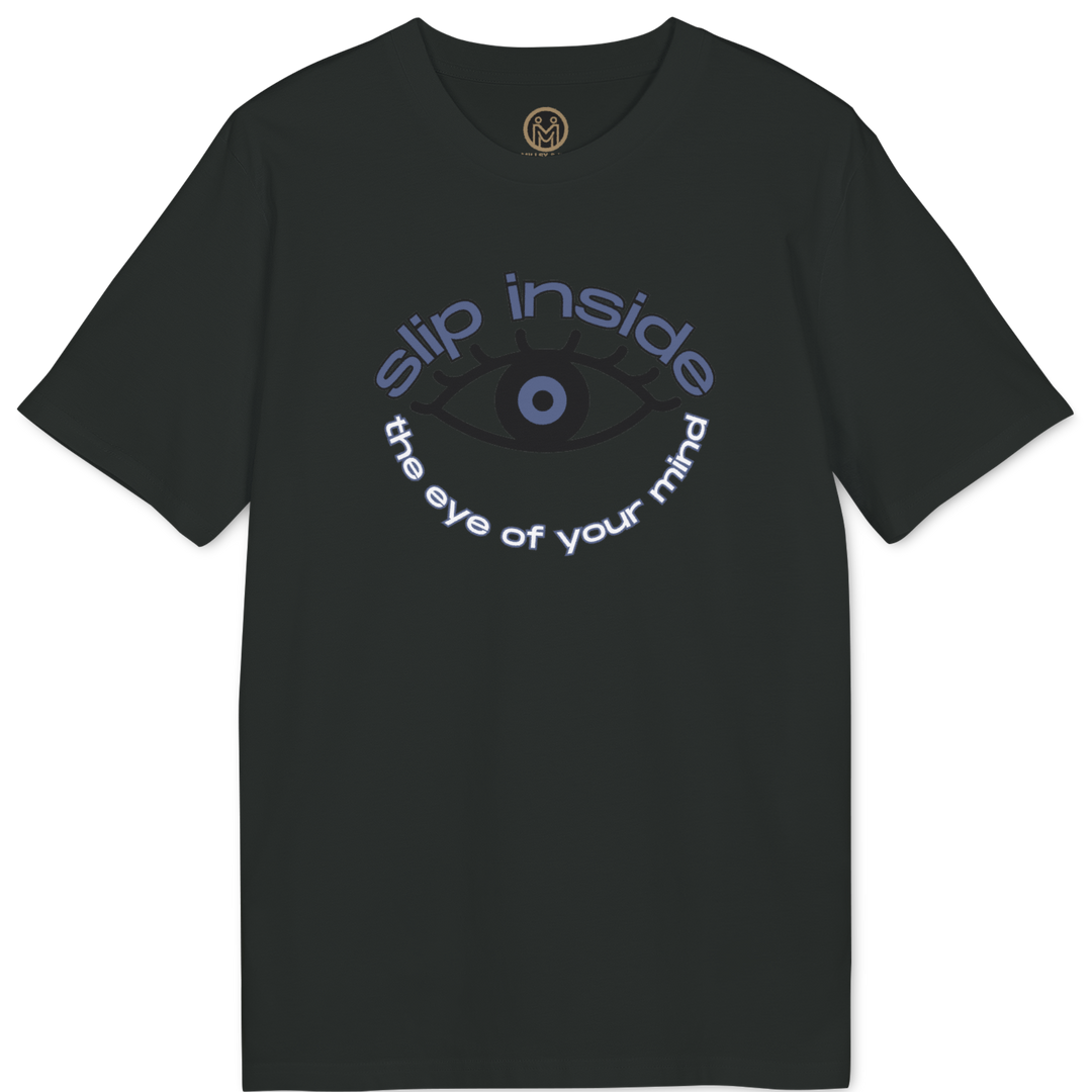 A black short-sleeve t-shirt with a graphic on the chest featuring a stylized eye and the text &