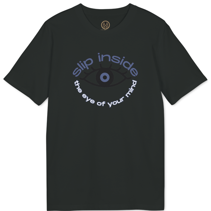 A black short-sleeve t-shirt with a graphic on the chest featuring a stylized eye and the text &