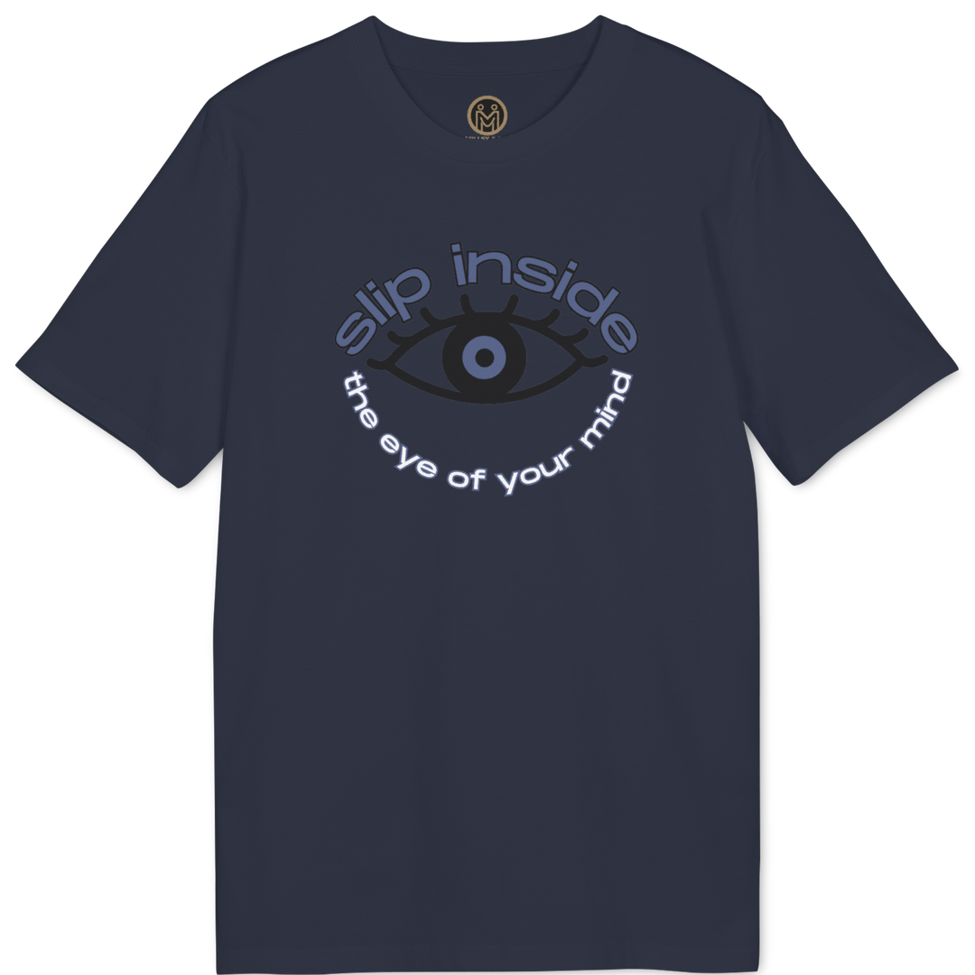 A navy blue short-sleeve t-shirt with a graphic on the chest featuring a stylized eye and the text &