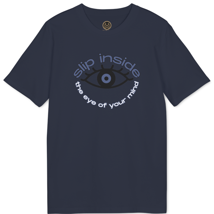 A navy blue short-sleeve t-shirt with a graphic on the chest featuring a stylized eye and the text &