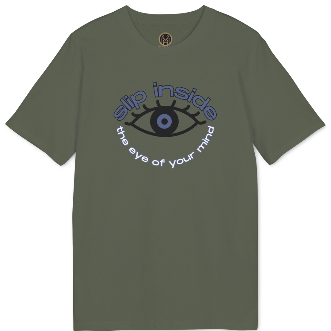 An olive green short-sleeve t-shirt with a graphic on the chest featuring a stylized eye and the text &