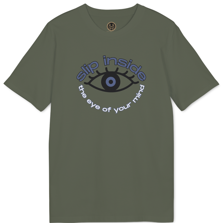 An olive green short-sleeve t-shirt with a graphic on the chest featuring a stylized eye and the text &