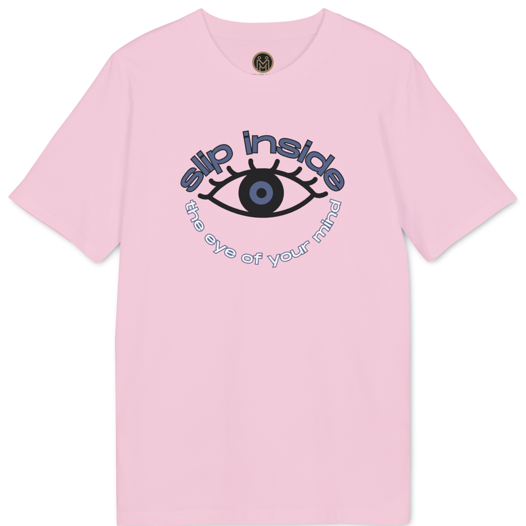 A light pink short-sleeve t-shirt with a graphic on the chest featuring a stylized eye and the text &