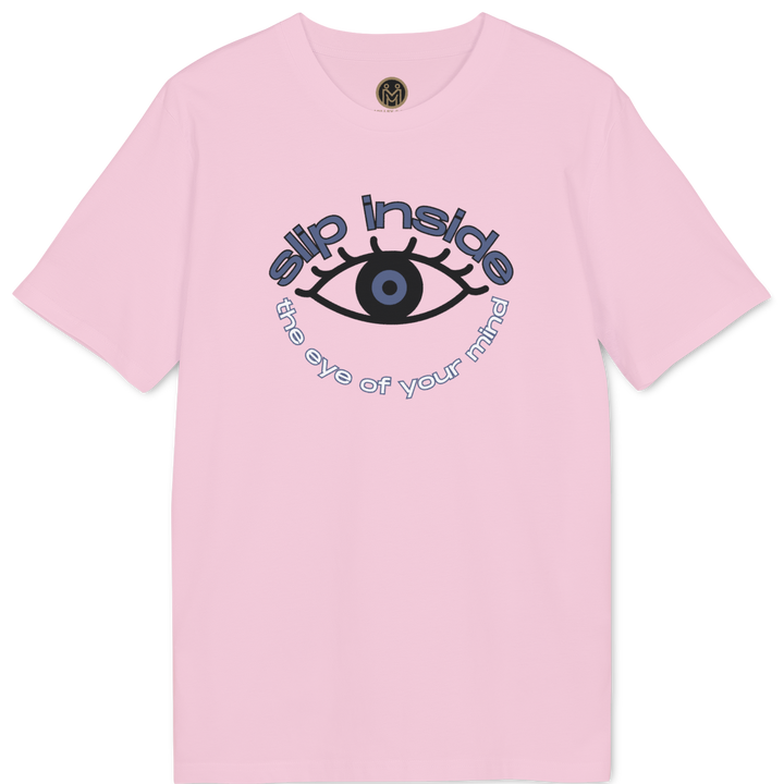 A light pink short-sleeve t-shirt with a graphic on the chest featuring a stylized eye and the text &