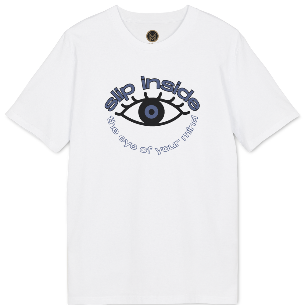 A white short-sleeve crewneck t-shirt featuring a graphic print of an eye with blue and black details, surrounded by the text 'evil inside' and 'the eye of your mind' in blue.