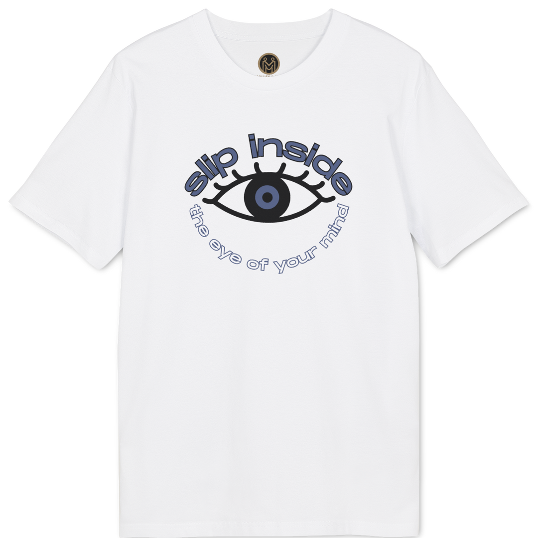 A white short-sleeve crewneck t-shirt featuring a graphic print of an eye with blue and black details, surrounded by the text &