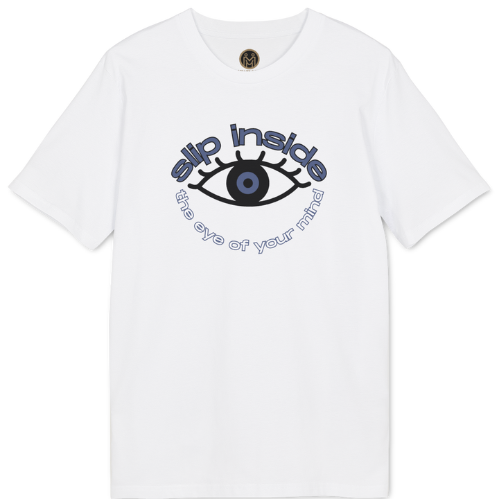 A white short-sleeve crewneck t-shirt featuring a graphic print of an eye with blue and black details, surrounded by the text &