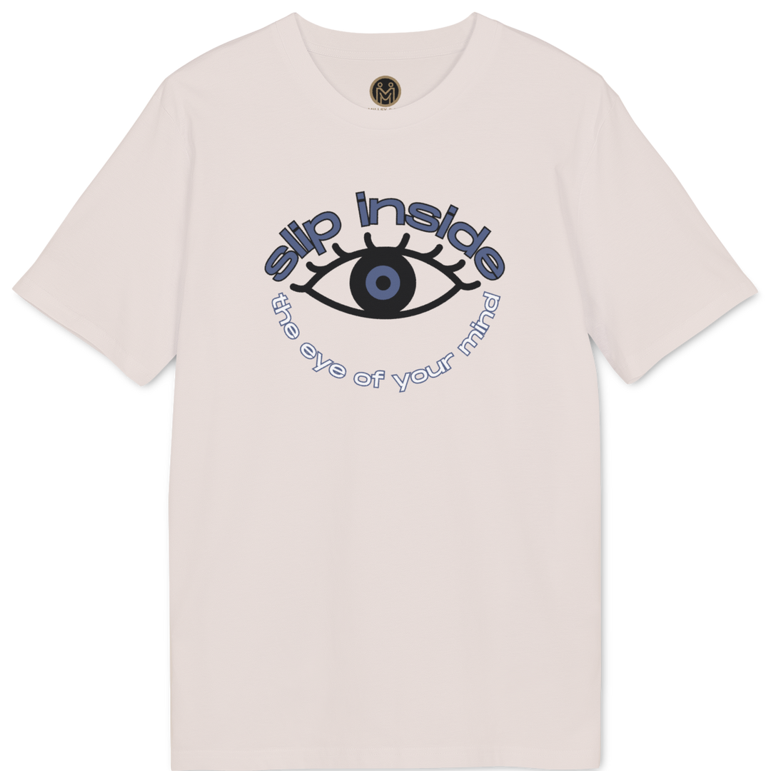 A light pink short-sleeve t-shirt with a graphic on the chest featuring a stylized eye and the text &