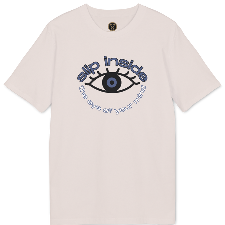 A light pink short-sleeve t-shirt with a graphic on the chest featuring a stylized eye and the text &