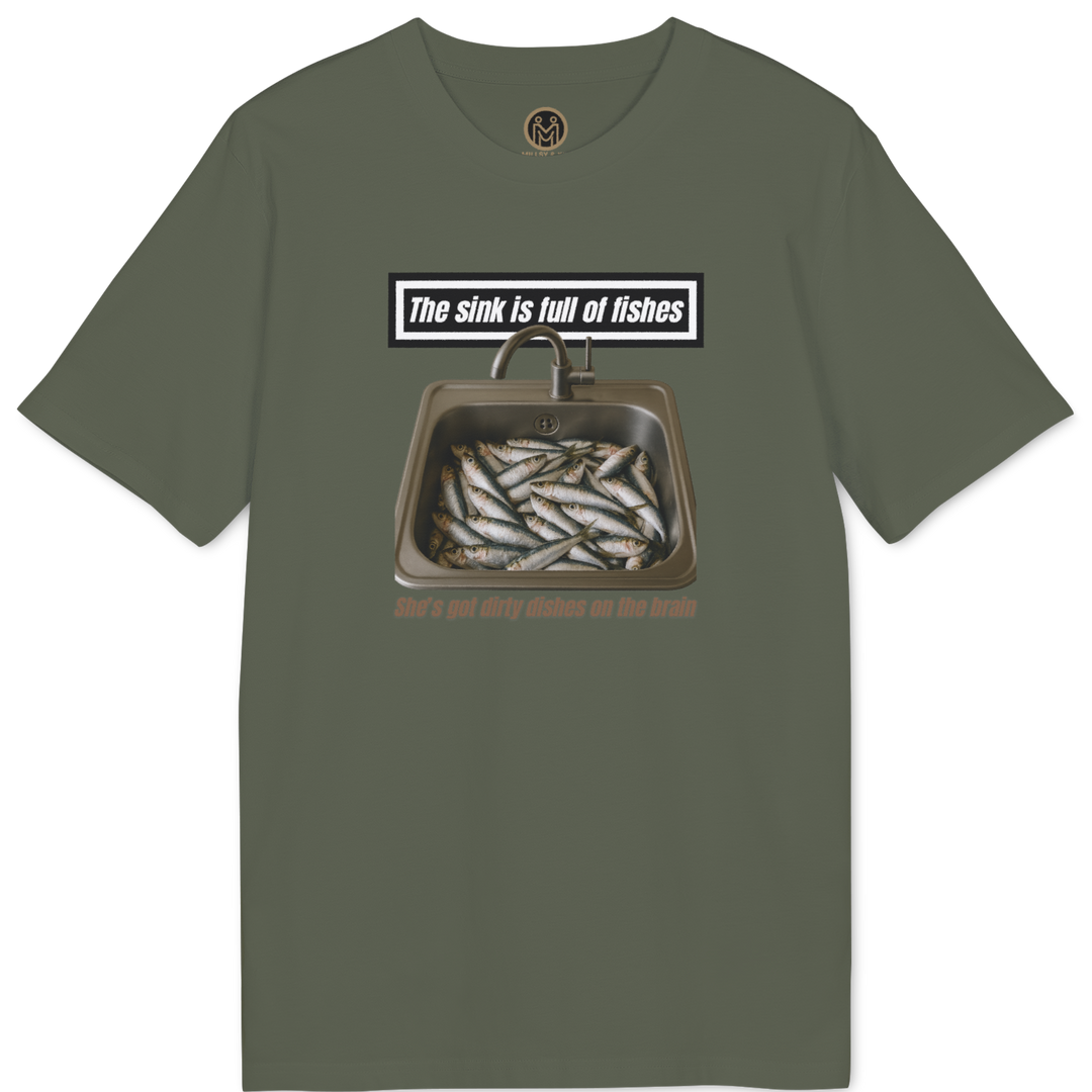 An olive green short-sleeve t-shirt with a graphic print on the front showing a sink filled with small silver fish and the text &
