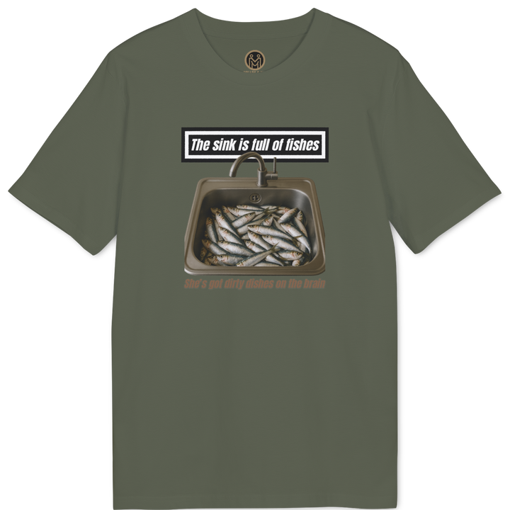 An olive green short-sleeve t-shirt with a graphic print on the front showing a sink filled with small silver fish and the text &