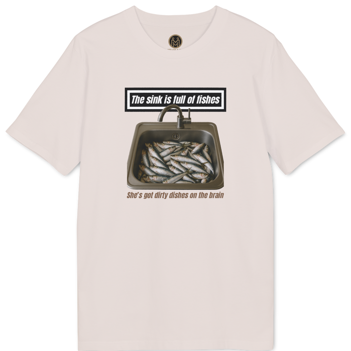 A light pink short-sleeve t-shirt with a graphic print on the front showing a sink filled with fish and the text &