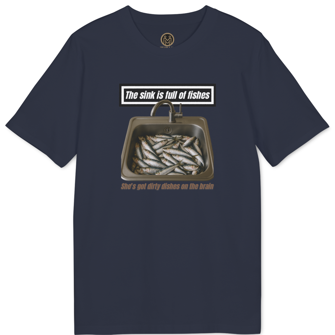 A navy blue short-sleeve t-shirt with a graphic print of a sink filled with fish and humorous text, displayed on a clean white background.