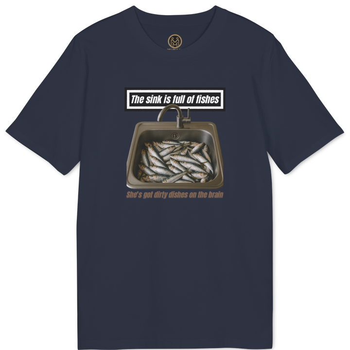 A navy blue short-sleeve t-shirt with a graphic print of a sink filled with fish and humorous text, displayed on a clean white background.