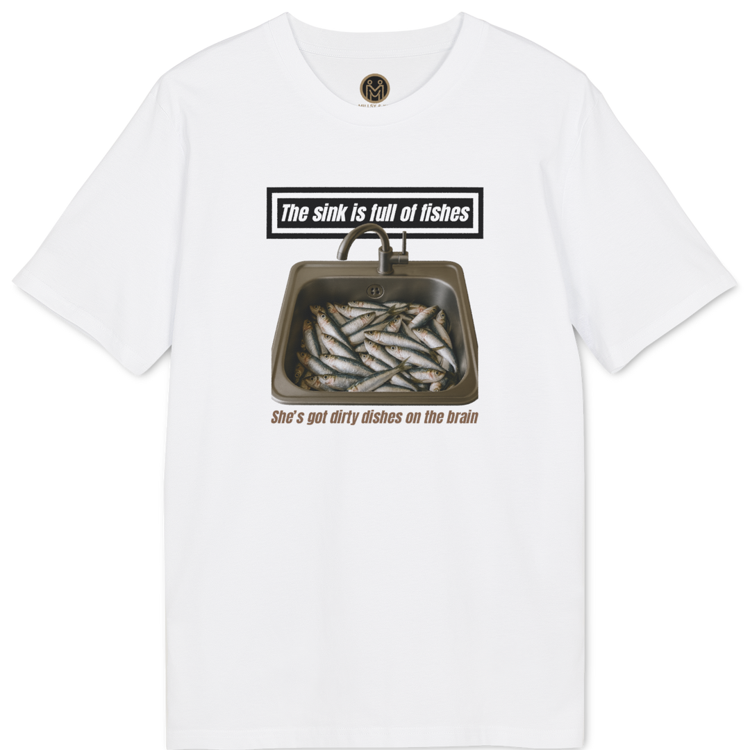 A white short-sleeve crewneck t-shirt featuring a graphic print of a sink filled with fish, with the text &