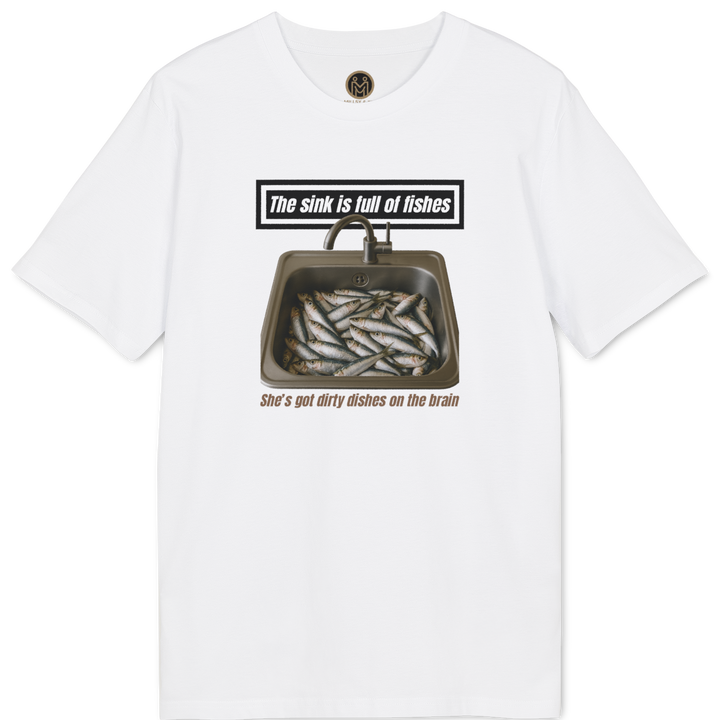 A white short-sleeve crewneck t-shirt featuring a graphic print of a sink filled with fish, with the text &
