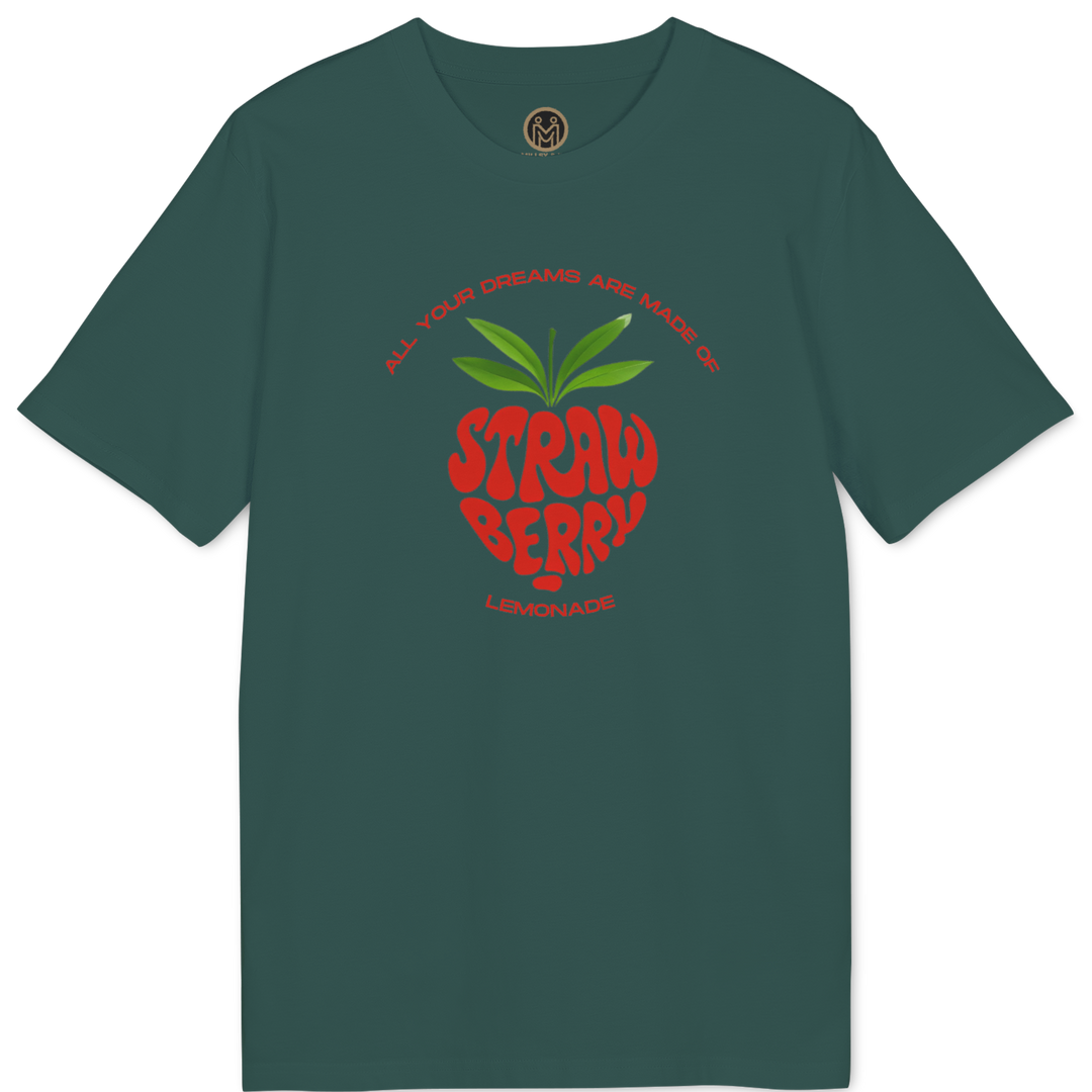 A dark green short-sleeve t-shirt with a red and green strawberry graphic on the chest, displayed flat against a plain white background.
