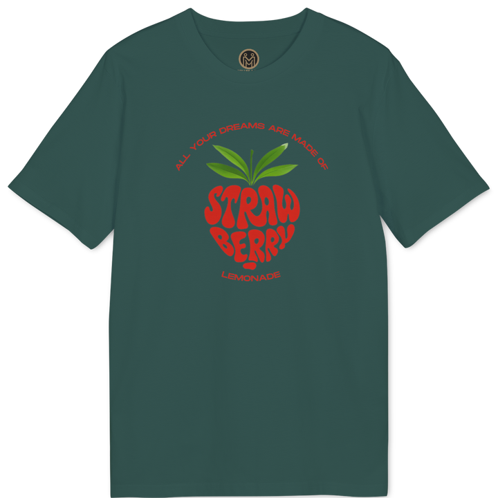 A dark green short-sleeve t-shirt with a red and green strawberry graphic on the chest, displayed flat against a plain white background.
